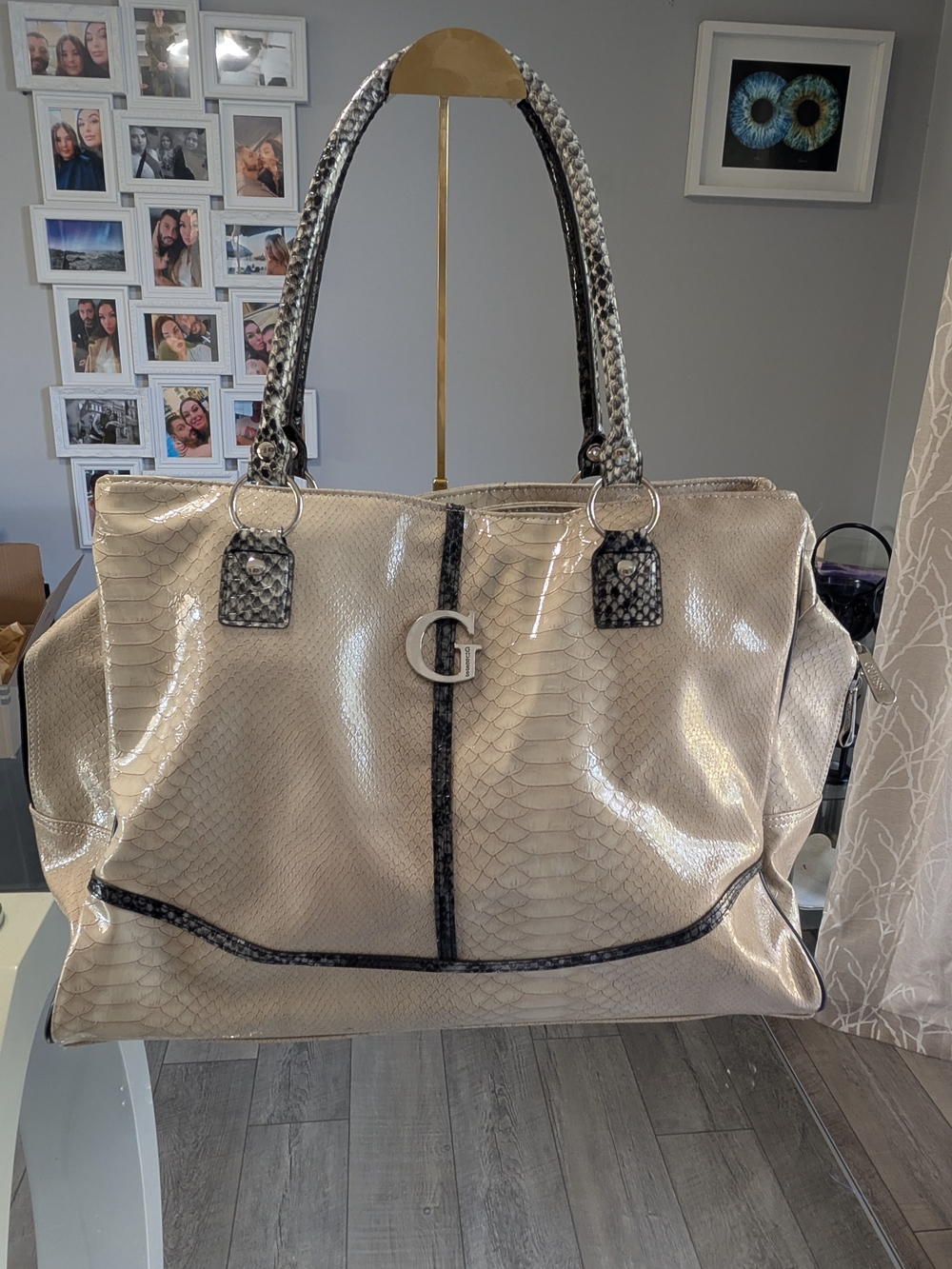 Y2K Guess Large Cream Snake-Print Tote Bag